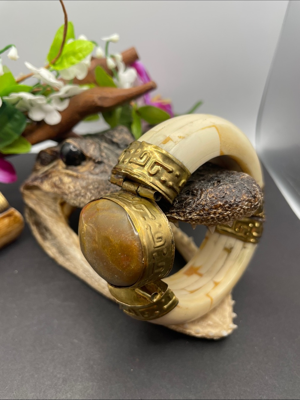 Stone and bone hinged bangle vintage
